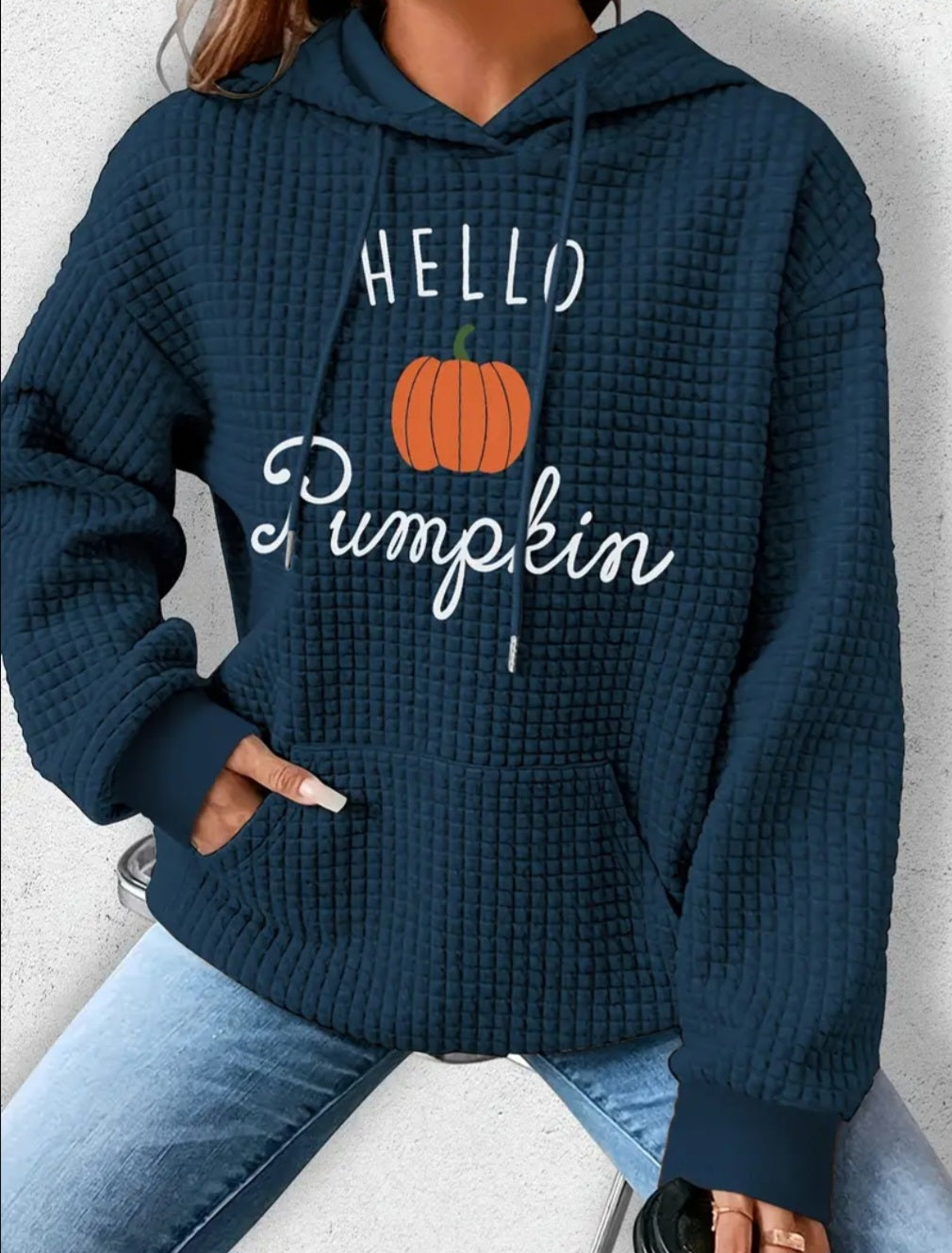 PREORDER Halloween Hello Pumpkin Knit Waffle Pullover Hooded Sweater