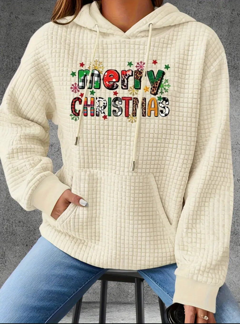 PREORDER Merry Christmas Knit Waffle Pullover Hooded Sweater