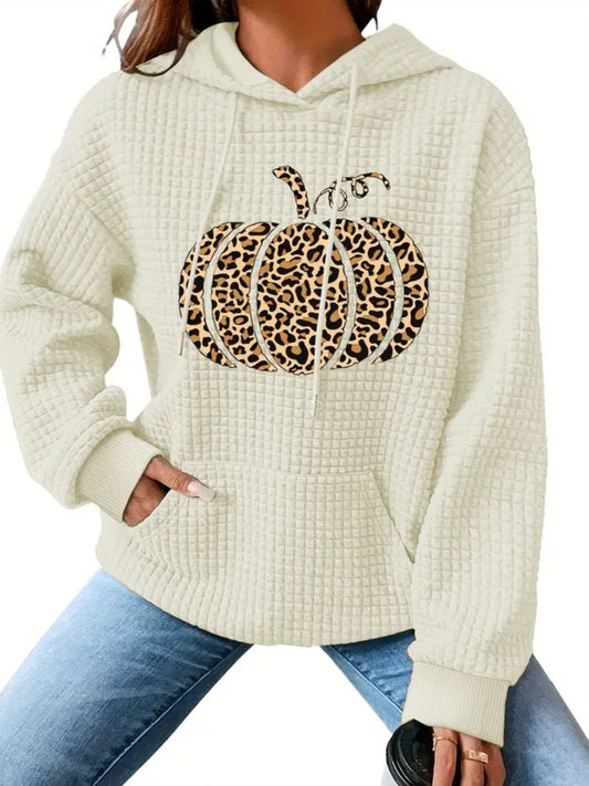 PREORDER Halloween Leopard Pumpkin Knit Waffle Pullover Hooded Sweater