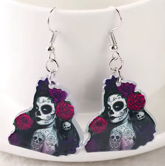 PREORDER Halloween Burgundy Rose Sugar Skull Acrylic Dangle Earrings