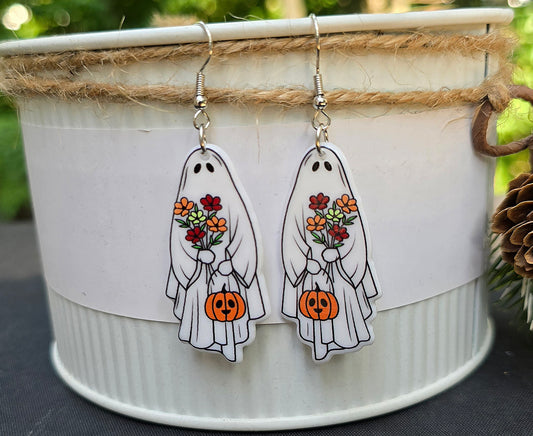 HALLOWEEN Floral/Jack O Lantern Ghost Acrylic Dangle Earrings