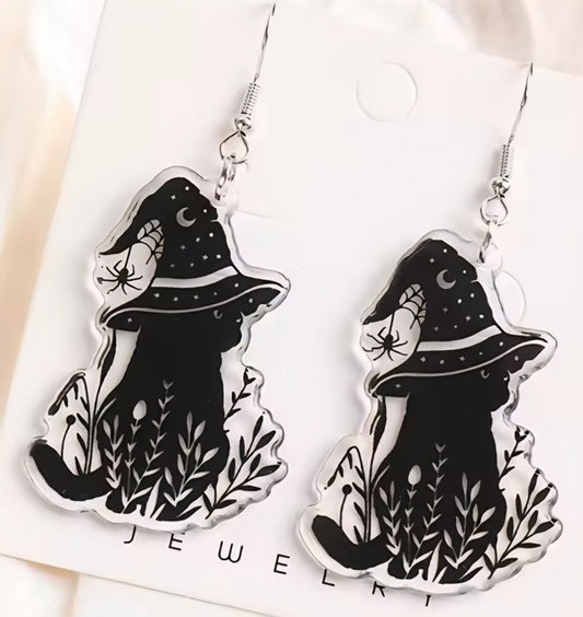 PREORDER Halloween Black Cat Wizard Acrylic Dangle Earrings