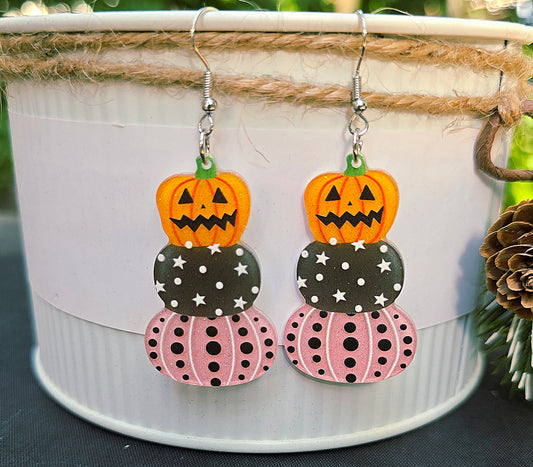 HALLOWEEN Jack O Lantern Three Pumpkin Acrylic Dangle Earrings