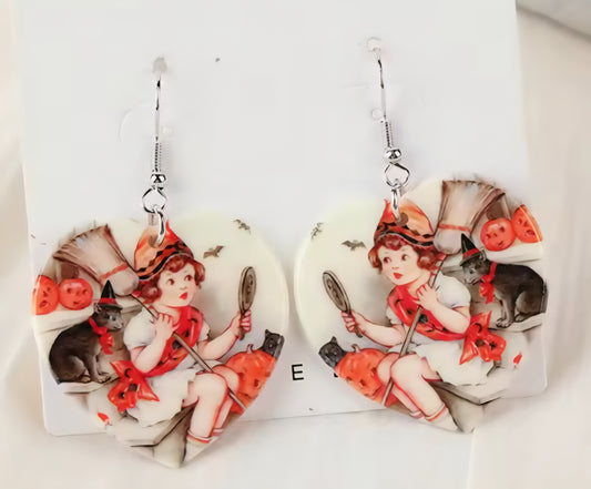 PREORDER Halloween Vintage Witch Heart Acrylic Dangle Earrings