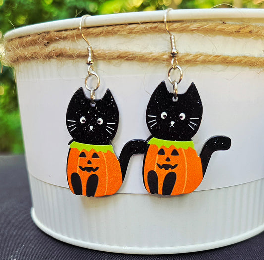 HALLOWEEN Black Cat Jack O Lantern Acrylic Dangle Earrings
