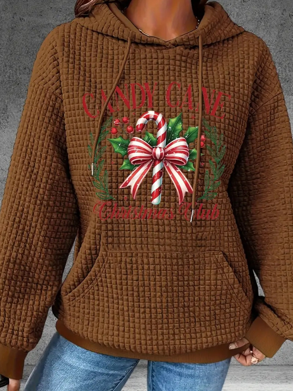 PREORDER Christmas Cane Christmas Club Knit Waffle Pullover Hooded Sweater