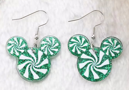 PREORDER Christmas Green Peppermint Mouse Head Acrylic Dangle Earrings