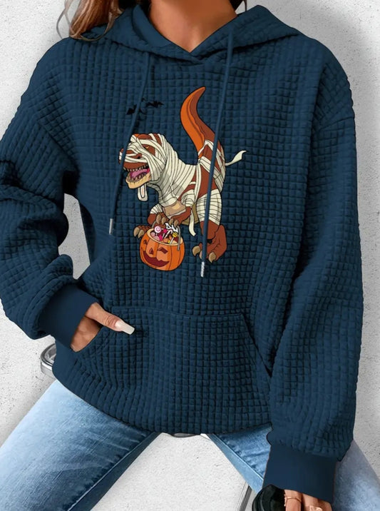 PREORDER Halloween T-Rex Mummy Trick Or Treater Knit Waffle Pullover Hooded Sweater