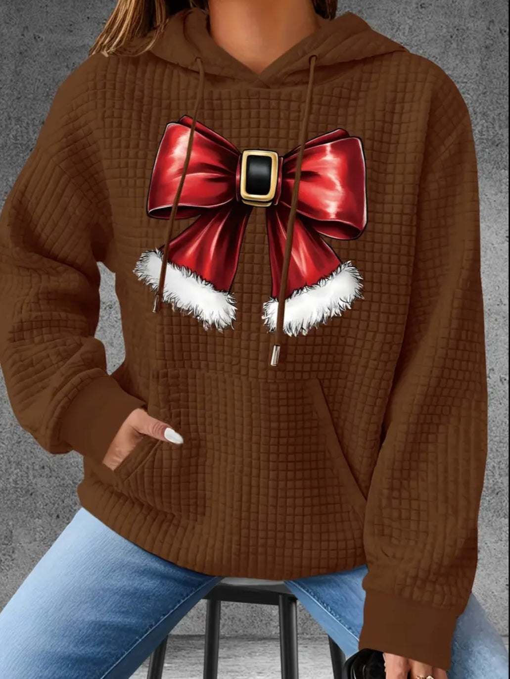 PREORDER Christmas Santa Bow Knit Waffle Pullover Hooded Sweater