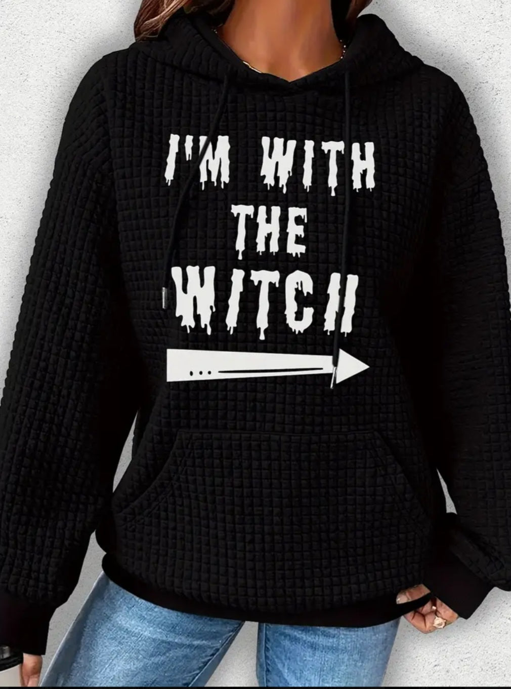 PREORDER Halloween I'm With The Witch Knit Waffle Pullover Hooded Sweater