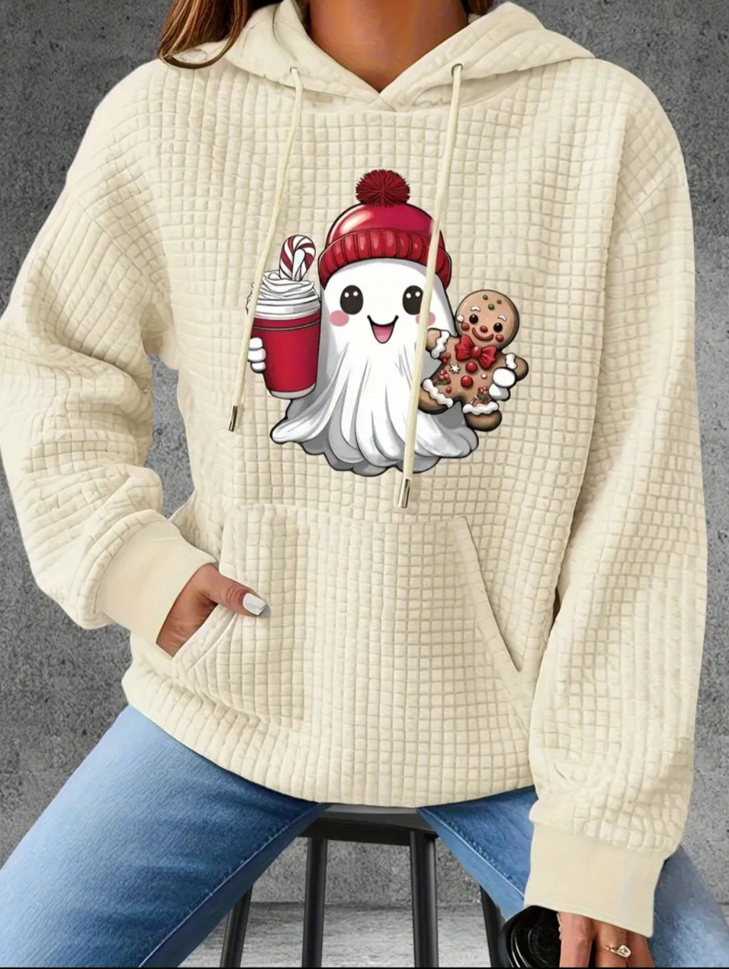 PREORDER Gingerbread & Frappe Ghost Knit Waffle Pullover Hooded Sweater