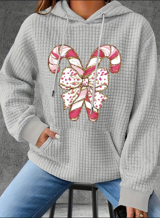 PREORDER Christmas Pink Candy Canes Knit Waffle Pullover Hooded Sweater