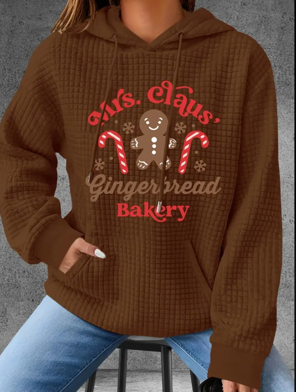 PREORDER Christmas Mrs.Claus Gingerbread Bakery Knit Waffle Pullover Hooded Sweater