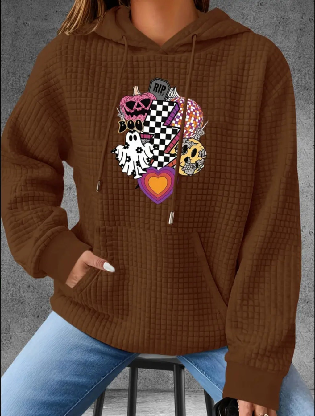 PREORDER Halloween Boo Checkered Lightning Bolt Knit Waffle Pullover Hooded Sweater