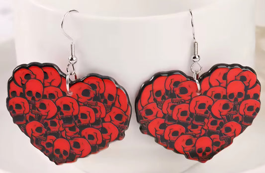 PREORDER Halloween Skull Heart Acrylic Dangle Earrings