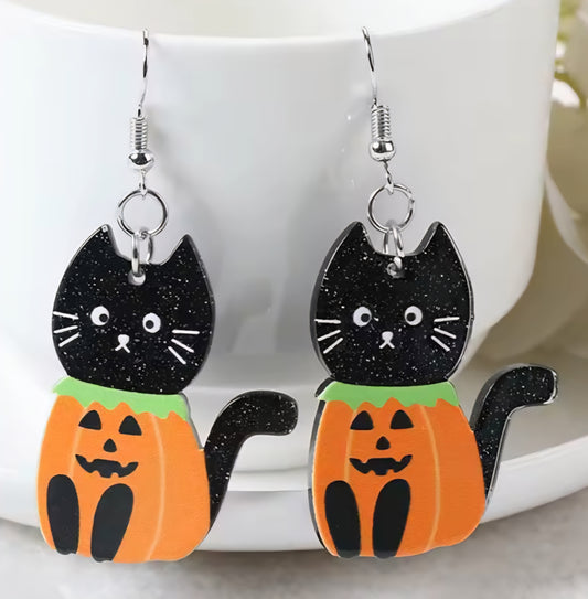 PREORDER Halloween Jack O Lantern Black Cat Acrylic Dangle Earrings