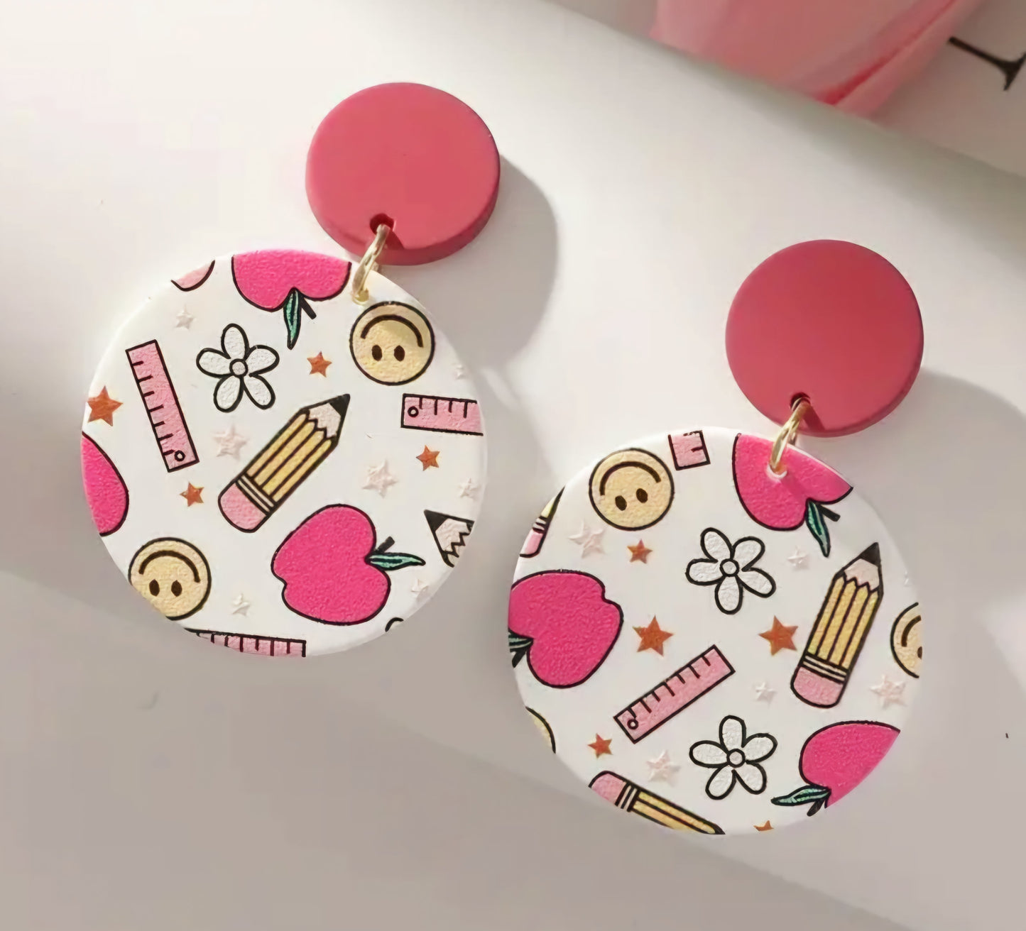 PRWORDER Pencil & Apple Circle Clay Acrylic Earrings