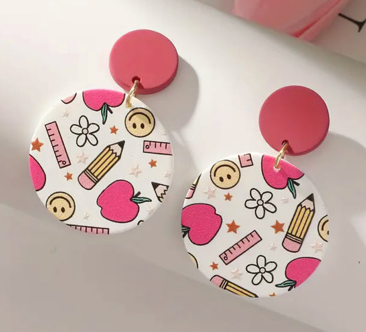 PRWORDER Pencil & Apple Circle Clay Acrylic Earrings