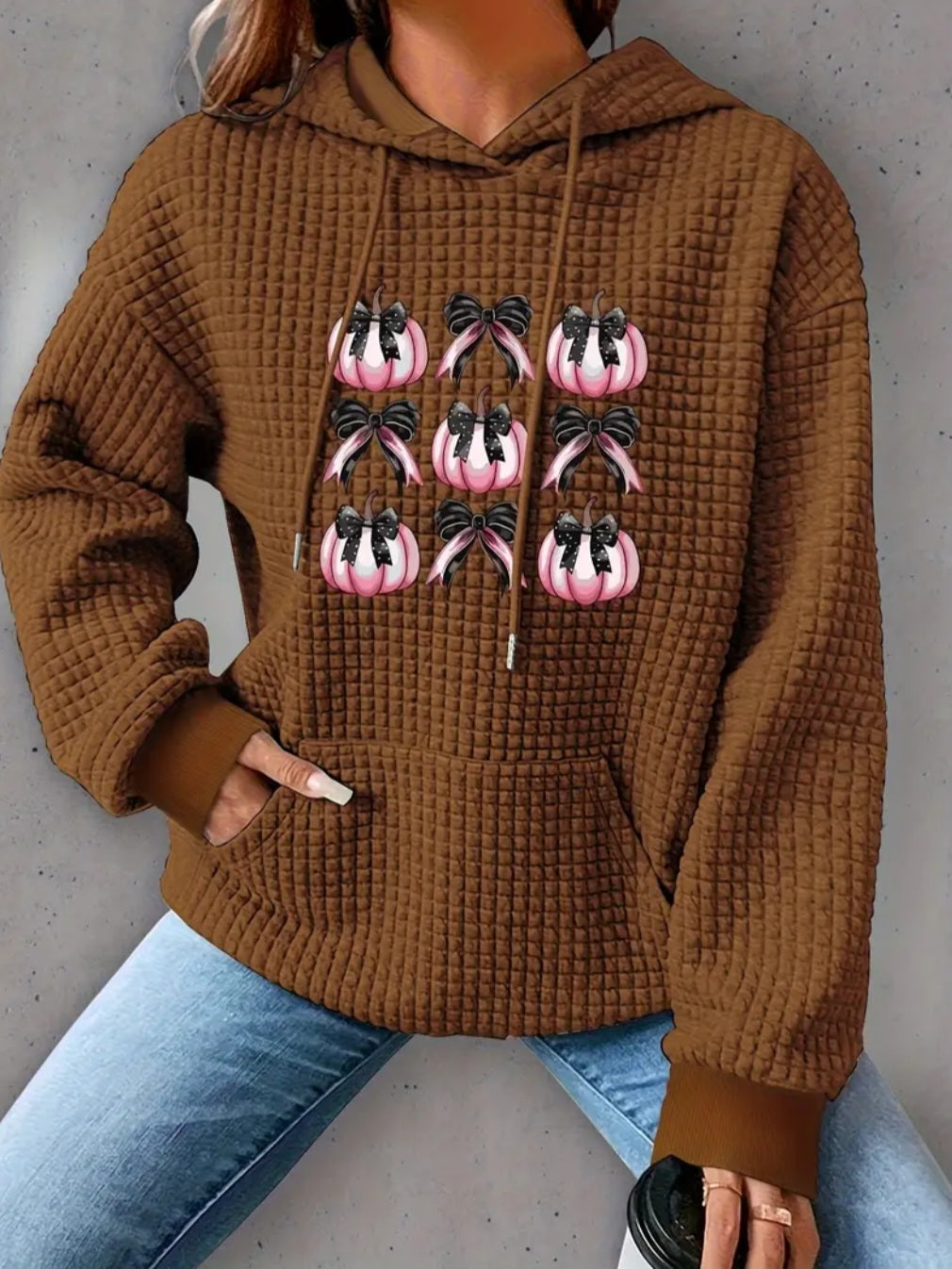 PREORDER Halloween Pink Pumpkin & Bows Knit Waffle Pullover Hooded Sweater