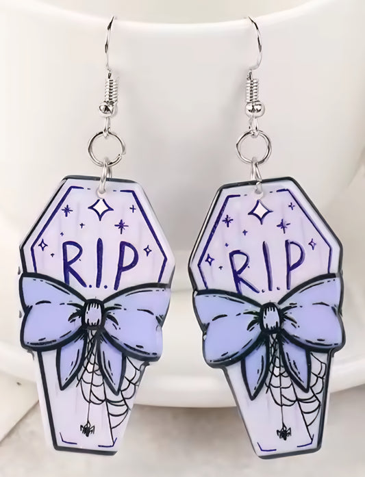 PREORDER Halloween RIP Bow Coffin Acrylic Dangle Earrings
