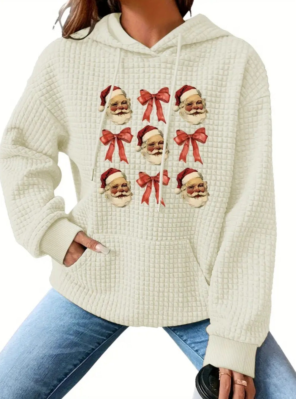 PREORDER Christmas Santa & Bows Knit Waffle Pullover Hooded Sweater