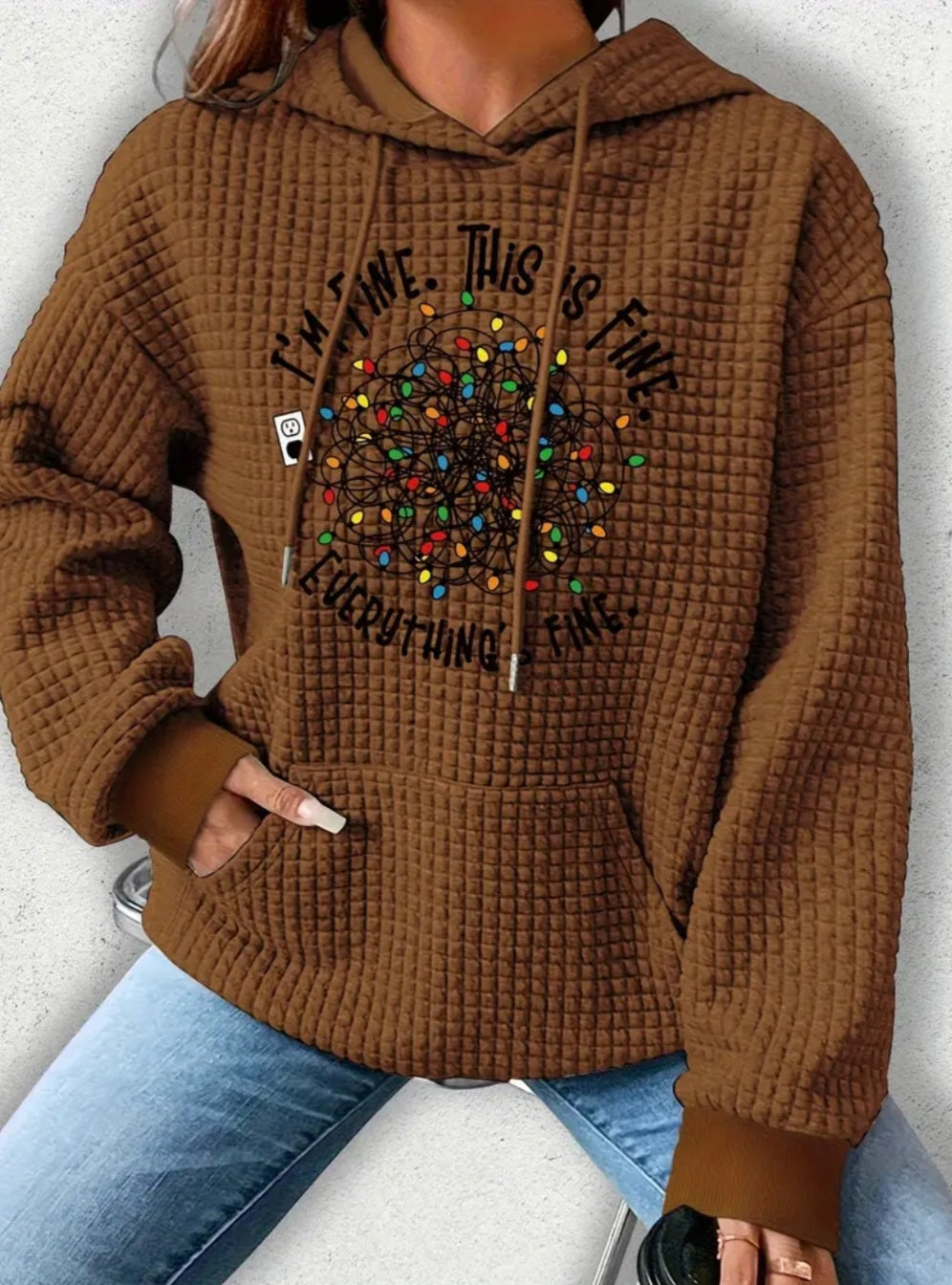 PREORDER Christmas Everything's Fine Knit Waffle Pullover Hooded Sweater
