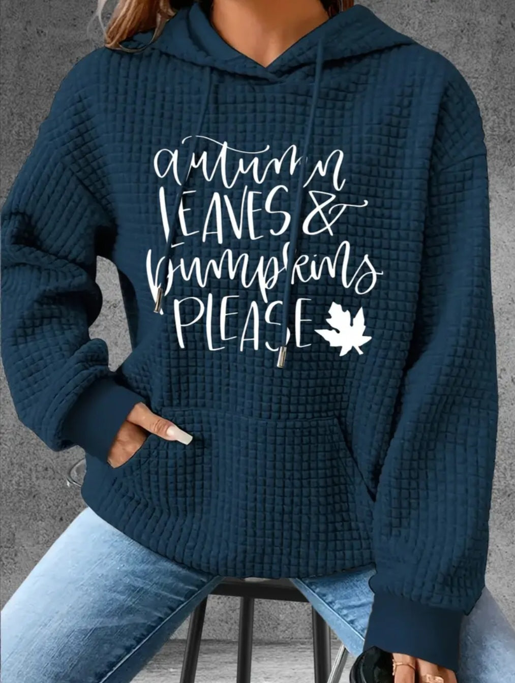 PREORDER Halloween Autumn Leaves & Pumpkins Please Knit Waffle Pullover Hooded Sweater