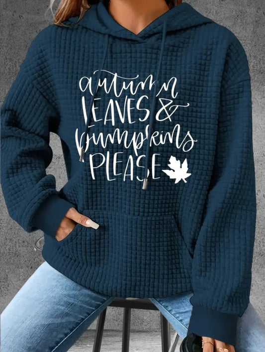 PREORDER Halloween Autumn Leaves & Pumpkins Please Knit Waffle Pullover Hooded Sweater
