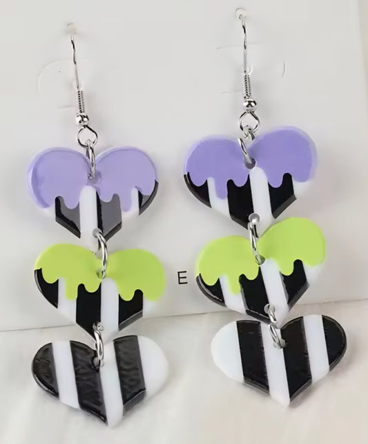 PREORDER Halloween Beetle Juice Hearts Acrylic Dangle Earrings