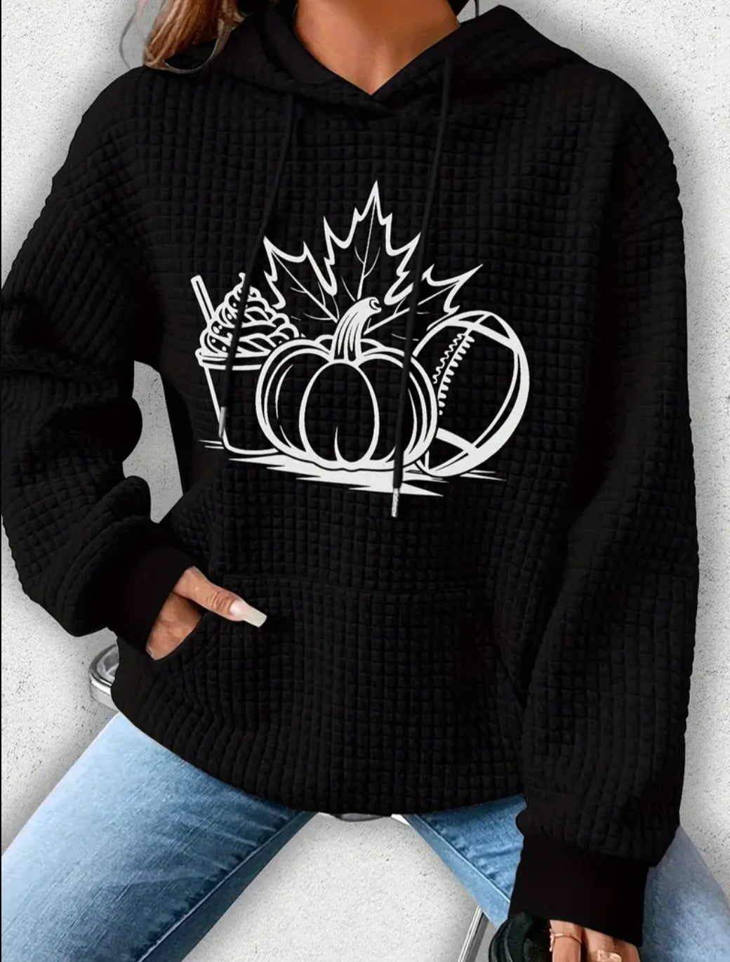 PREORDER Halloween Pumpkin Spice & Football Knit Waffle Pullover Hooded Sweater