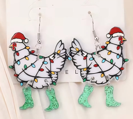 PREORDER Christmas Lights Green Boot Chicken Acrylic Dangle Earrings