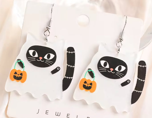 PREORDER Halloween White Ghost Jack O Lantern Black Cat Dangle Earrings