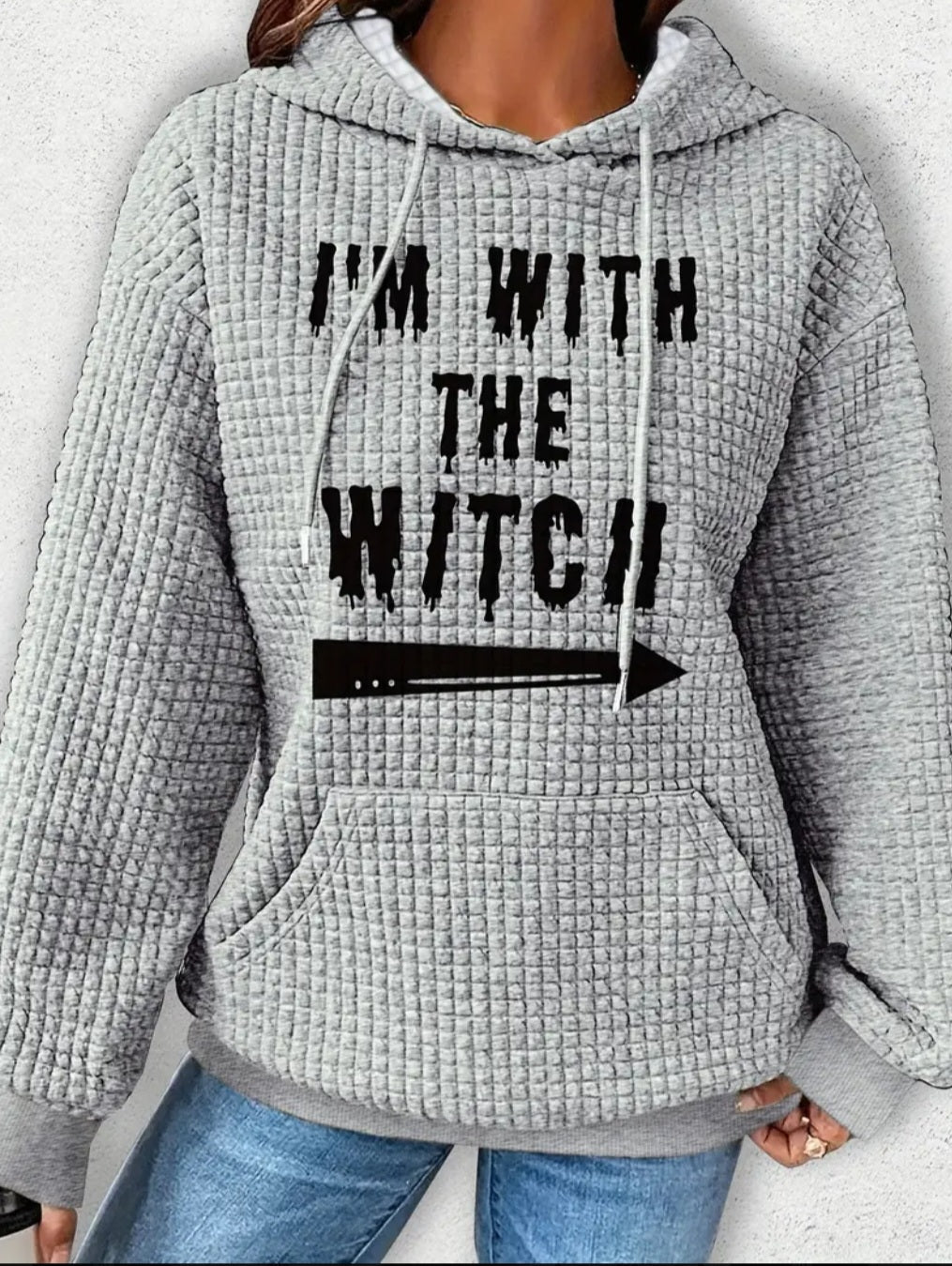 PREORDER Halloween I'm With The Witch Knit Waffle Pullover Hooded Sweater