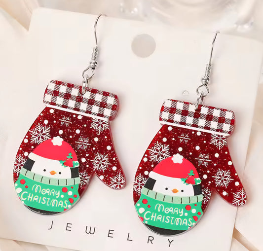 PREORDER Christmas Penguin Mitten Acrylic Dangle Earrings
