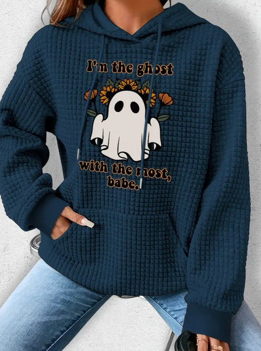 PREORDER Halloween Ghost With The Most Knit Waffle Pullover Hooded Sweater