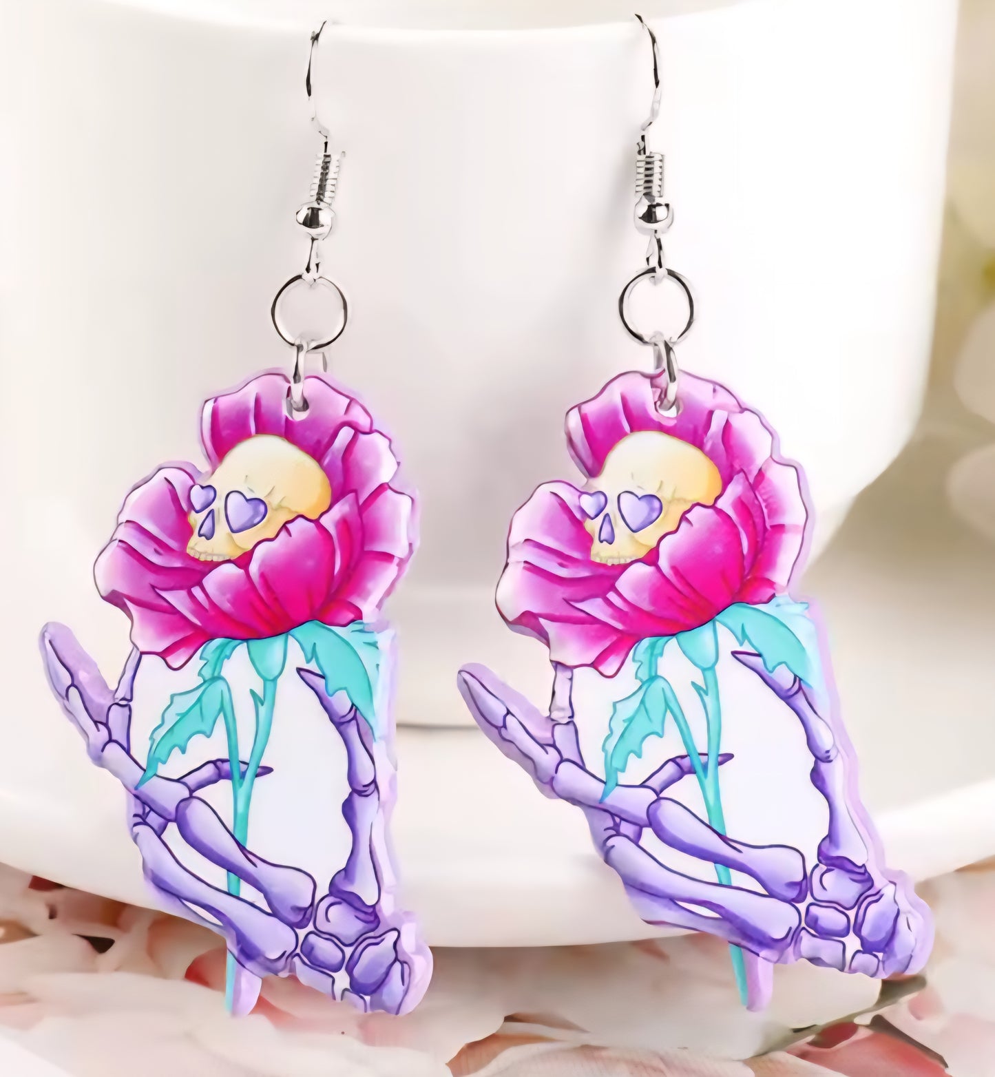 PREORDER Halloween After Life Skull Rose Acrylic Dangle Earrings