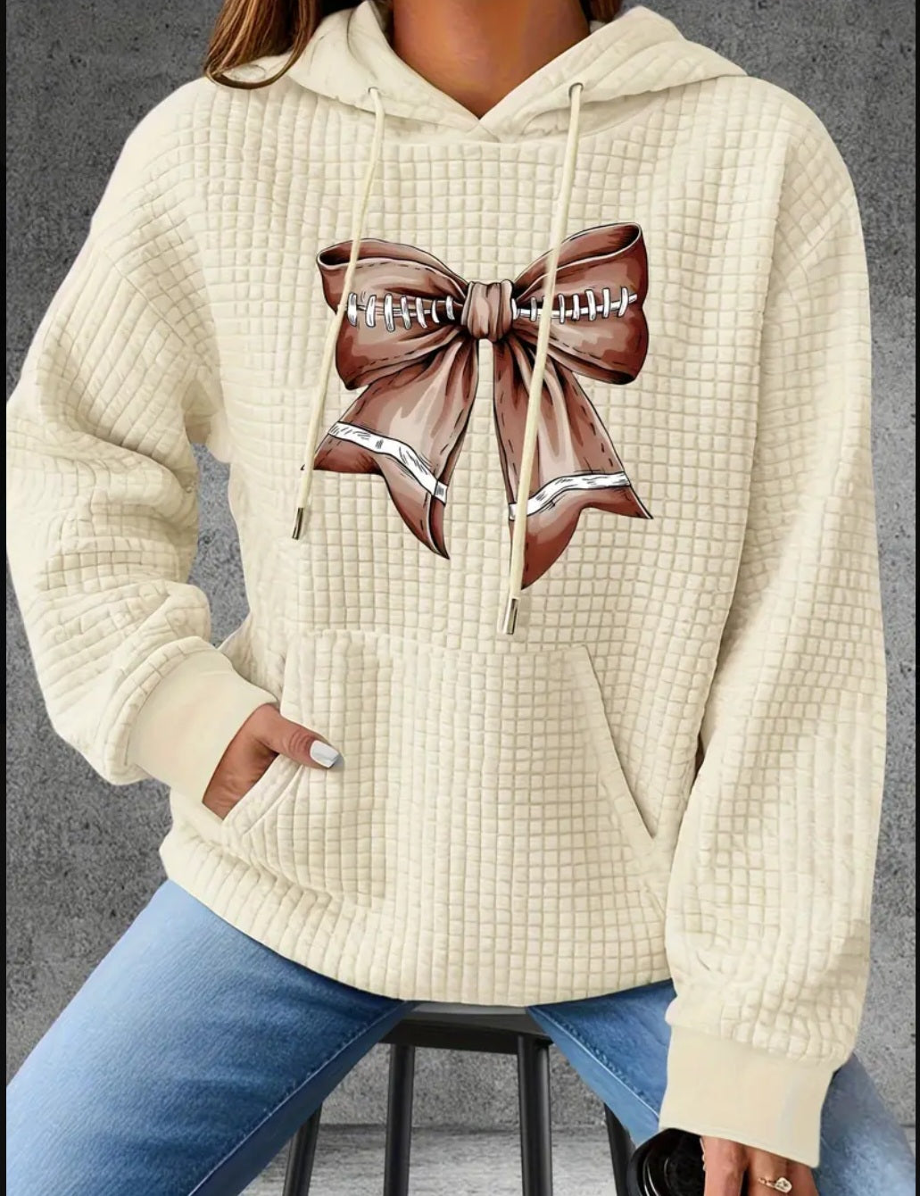 PREORDER Football Bow Knit Waffle Pullover Hooded Sweater