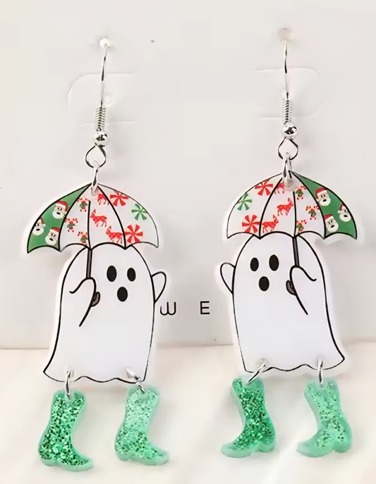 PREORDER Green Boots Christmas Ghost Acrylic Dangle Earrings