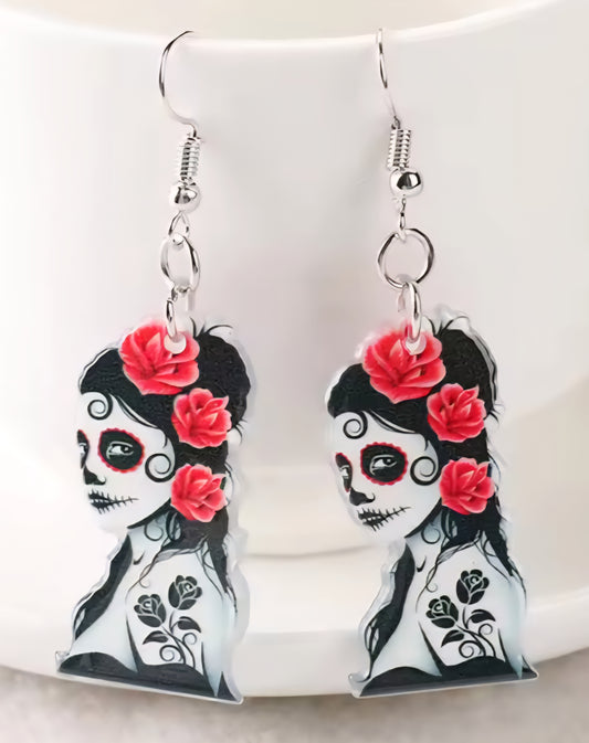 PREORDER Halloween Red Rose Sugar Skull Acrylic Dangle Earrings