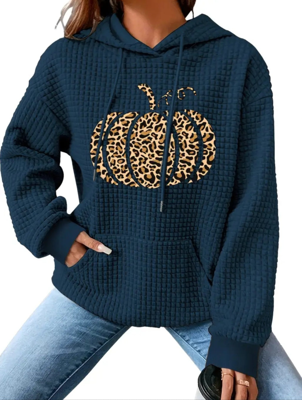PREORDER Halloween Leopard Pumpkin Knit Waffle Pullover Hooded Sweater