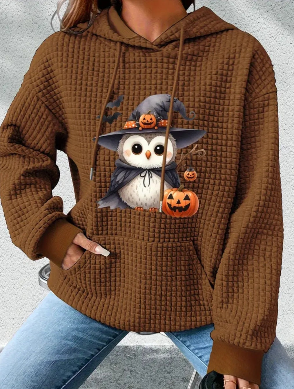 PREORDER Halloween Witch Owl Knit Waffle Pullover Hooded Sweater