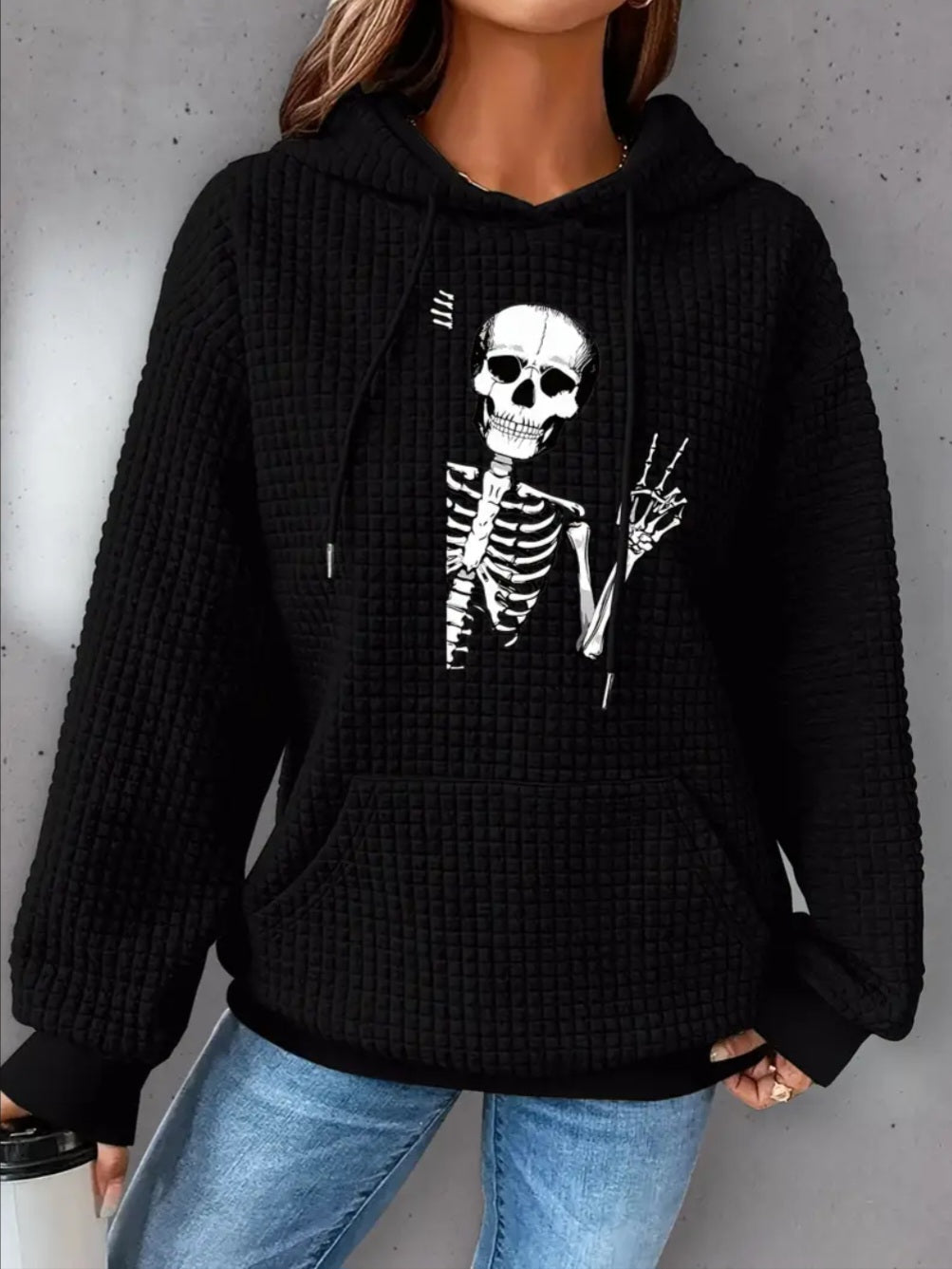 PREORDER Halloween Peace Skeleton Knit Waffle Pullover Hooded Sweater