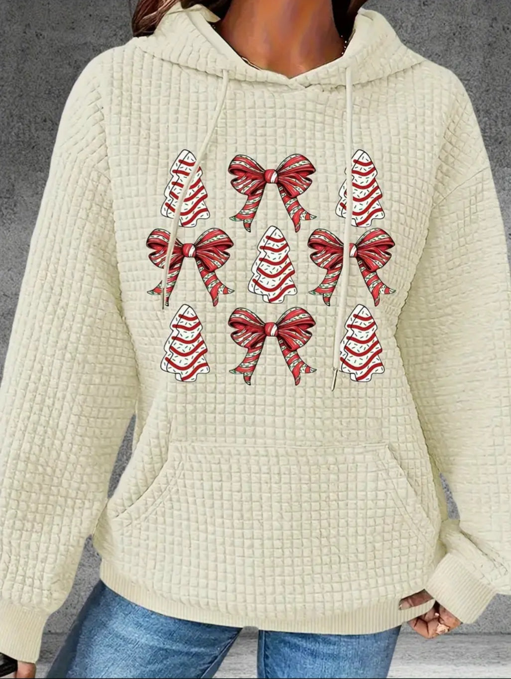 PREORDER White Christmas Tree & Bows Knit Waffle Pullover Hooded Sweater
