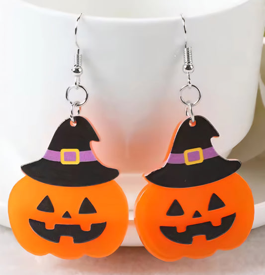 PREORDER Halloween Black Hat Jack O Lantern Acrylic Dangle Earrings