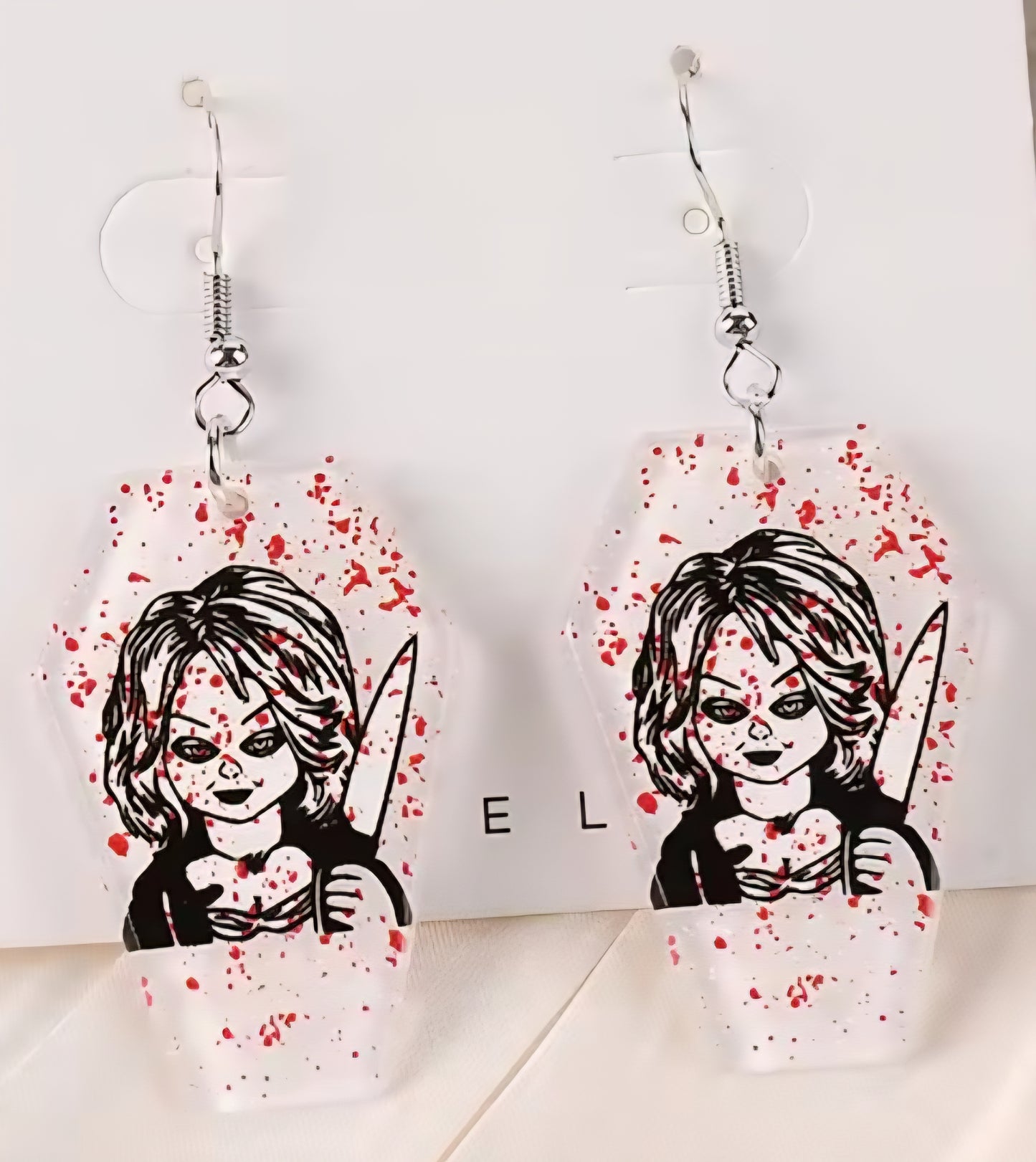 PREORDER Halloween Chucky Bride Blood Splatter Coffin Acrylic Dangle Earrings