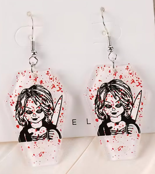 PREORDER Halloween Chucky Bride Blood Splatter Coffin Acrylic Dangle Earrings