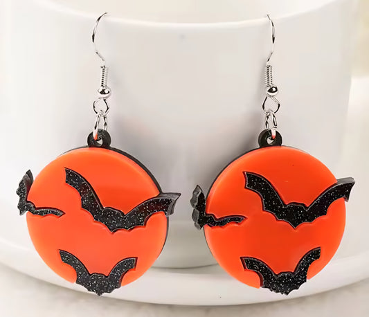 PREORDER Halloween Orange Moon Bats Acrylic Dangle Earrings
