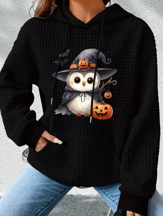 PREORDER Halloween Witch Owl Knit Waffle Pullover Hooded Sweater