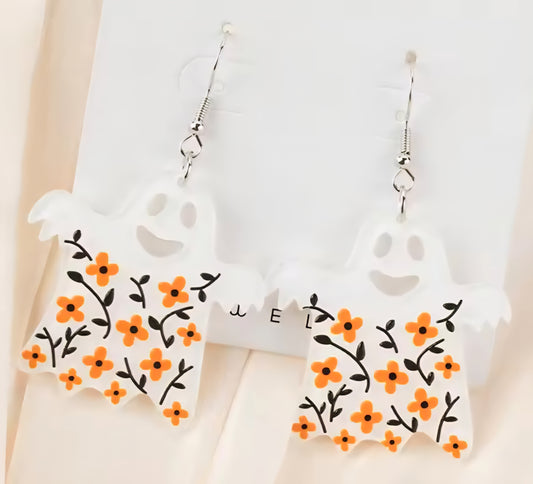 PREORDER Halloween White Floral Ghost Acrylic Dangle Earrings