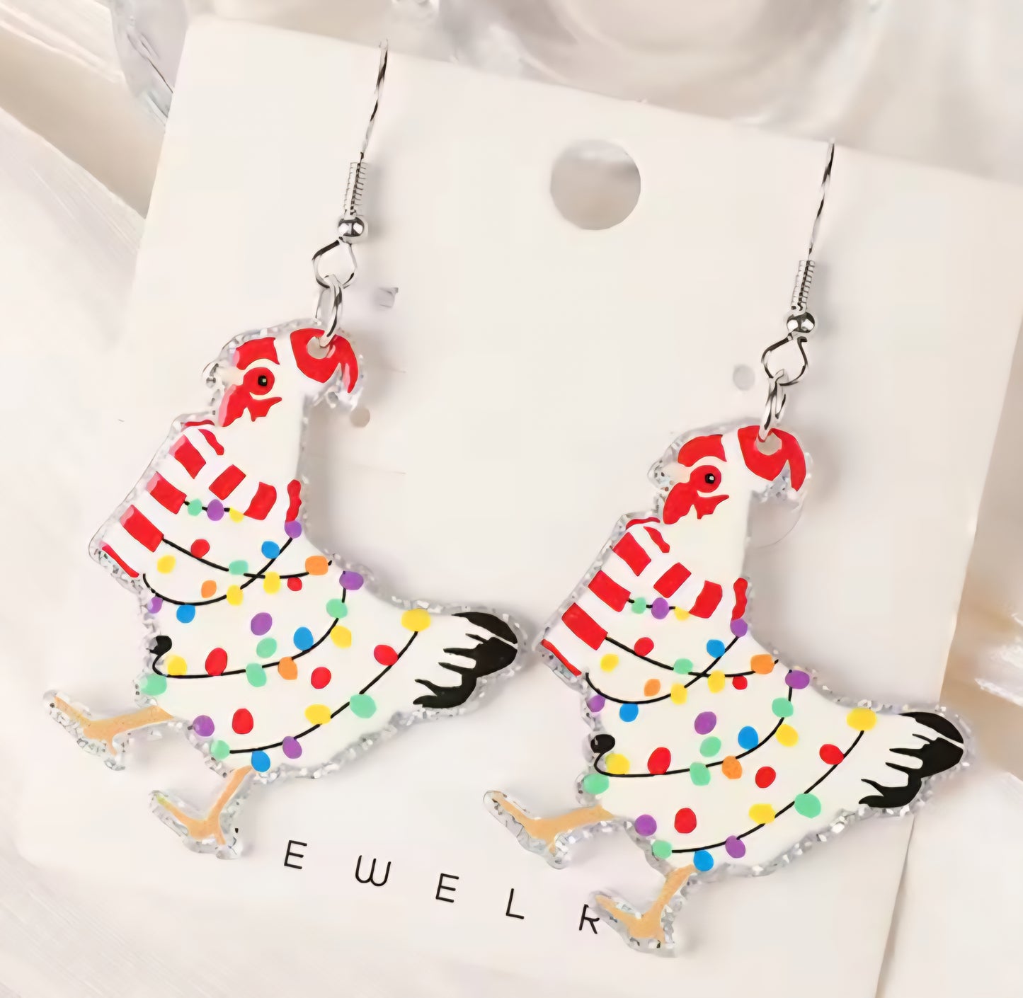 PREORDER Christmas Lights & Scarf Chicken Acrylic Dangle Earrings